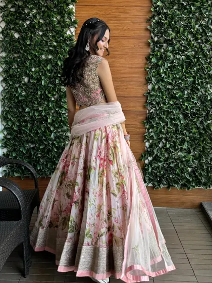 The playful Anushree Reddy-style floral lehenga. The pink floral print is perfect for a mehendi or a spring wedding.