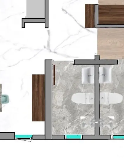 A 2D plan showing the layout of a dining area and two bathrooms, illustrating how I approach the flow and functionality of adjacent spaces.