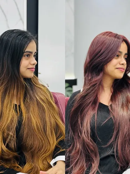 A side profile of the red-brown look, showing how the color frames the face.