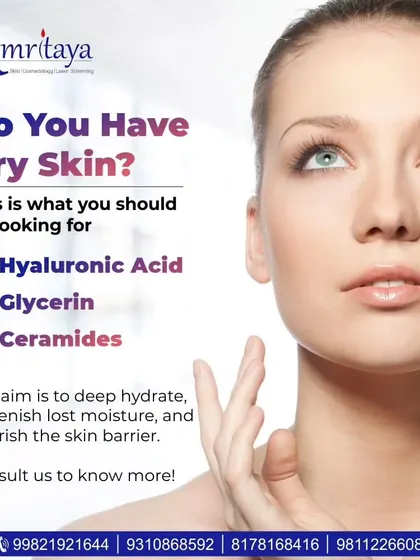 Is your skin feeling dry? This graphic explains the key ingredients like Hyaluronic Acid and Glycerin to look for. Consult us to know more about hydrating your skin.