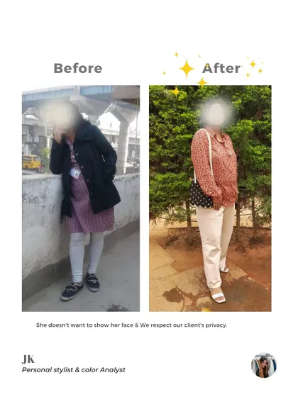 This client, a homemaker in her mid 40s, wanted a style that was both chic and practical for her lifestyle. This before and after shows how we achieved a stylish, comfortable look that works for her every day.