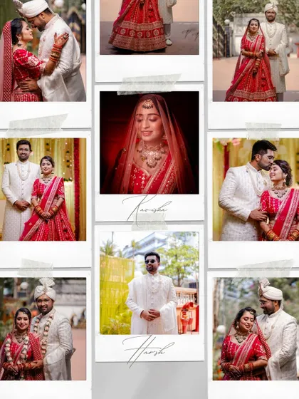 A polaroid-style collage celebrating the wedding day of Harsh and Kavisha, blending couple portraits with beautiful solo shots.