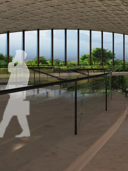 This rendering highlights the upper walkway of a commercial space, overlooking the floor below. The design uses glass railings and an open plan to create a sense of connection and transparency between different levels.