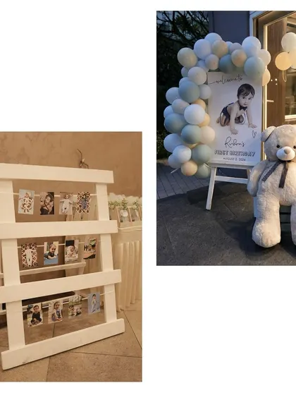 A collage showing a photo display ladder and a welcome sign with a large teddy bear, creative ways to showcase precious memories.