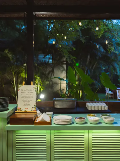 The setup for our Guacamole & Salsa Bar, offering a variety of fresh, house-made options.