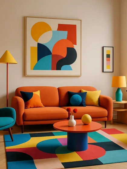 This postmodern living room is bursting with energy. I used bold abstract art, a playful mix of primary colors, and curved furniture to create a space that celebrates creativity and lives out loud.