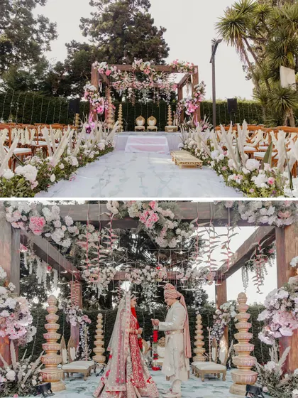 A collage showing the full view of the outdoor mandap setup and a close-up of the ceremony. This showcases how we design a space that looks beautiful from every angle.
