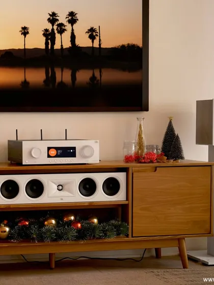 Transform your home this festive season with JBL speakers. This setup, featuring white bookshelf and center channel speakers, adds a touch of class and holiday magic, filling your space with music and joy.