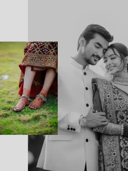 A creative collage focusing on details. The bride's henna-covered feet and the couple's loving embrace are combined to create an artistic and meaningful image.