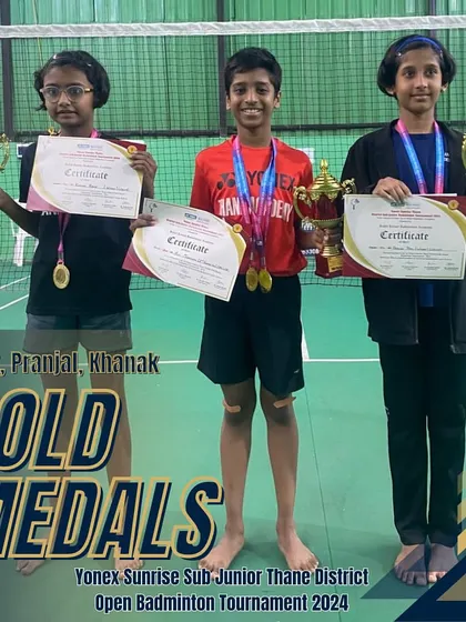 Our youngest gold medal winners, Alfy, Pranjal, and Khanak, at the Yonex-Sunrise Sub Junior Thane District Open.