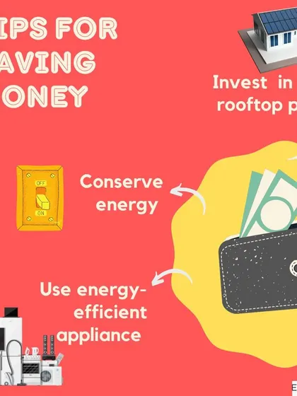 An infographic with simple tips for saving money on energy. Investing in a solar rooftop plant is the most impactful step, complemented by conserving energy and using energy-efficient appliances.