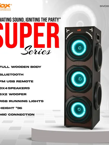 Elevate your audio with my Super Series tower speaker. It features a full wooden body, an 8x2 woofer, and RGB running lights to ignite any party.