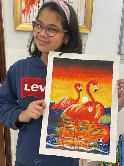 Another take on the flamingo theme, this time by a young teen using poster colors. It's great to see students take a subject and add their own unique style to it.