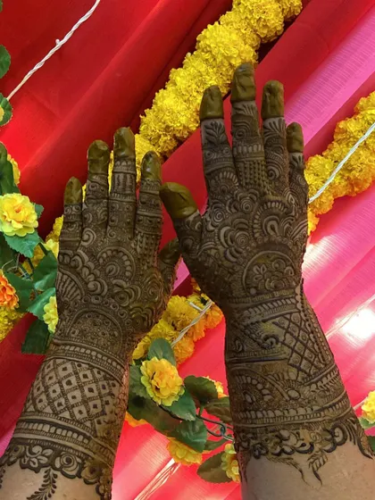 This is a detailed view of my intricate bridal henna work. Each design is unique, combining traditional patterns like paisleys and mandalas with fine-line fillers to create a stunning, full-coverage look for your special day.