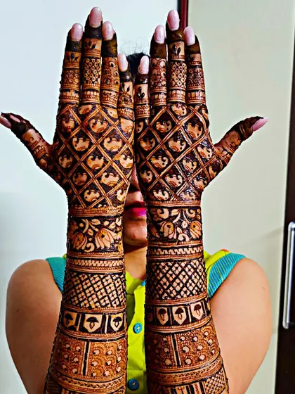 A full-arm bridal design with a beautiful, intricate grid pattern covering the back of the hands. The level of detail in this piece is a testament to the patience and artistry of traditional mehndi.