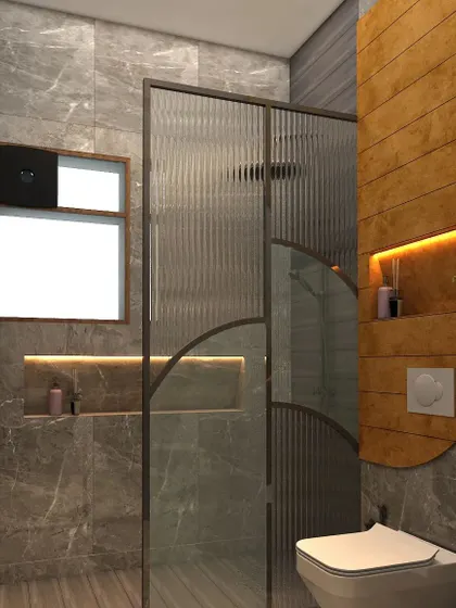 This kid's washroom combines grey marble tiles with warm wood accents and a unique curved glass partition for the shower.