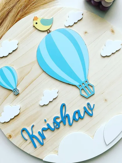 Here is the same hot air balloon design in a cool blue for Krishav, perfect for twin rooms or siblings. I love creating matching sets that have their own unique personality while sharing a common theme.