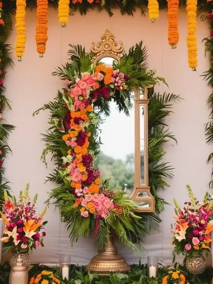 An asymmetrical floral arrangement beautifully frames this standing mirror. The design uses a vibrant mix of orange and pink roses with tropical leaves, creating a modern and artistic photo point.