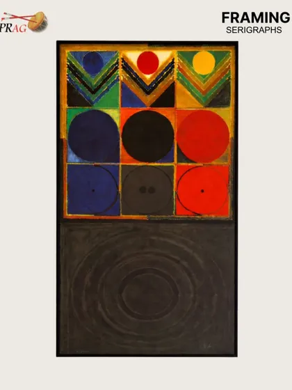 A classic S.H. Raza serigraph, expertly framed to complement its geometric composition and protect the delicate, layered inks.