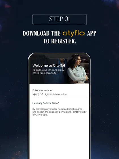 A step-by-step visual guide on how to use the Cityflo app to book your bus ride to our concert, from registration to booking confirmation.
