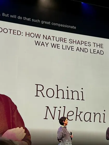 A series of images and graphics from the Hearth Summit, showcasing speakers, panel discussions, and the core mission of the global wellbeing project.