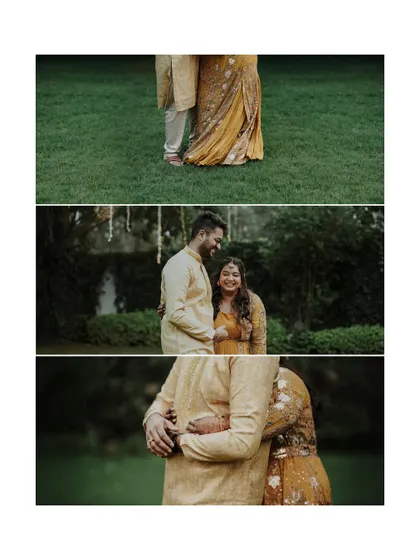 A triptych of intimate moments, focusing on the couple's embrace and connection during their Haldi celebration.