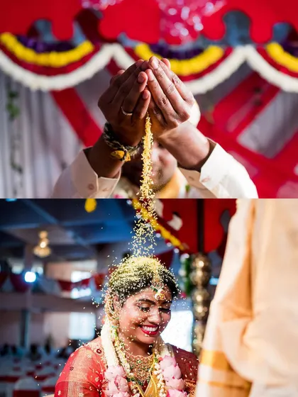 A vibrant and joyful 'Akshata' ritual. The bride's happy smile as she is showered with rice and flowers is a moment of pure bliss that we love to capture.