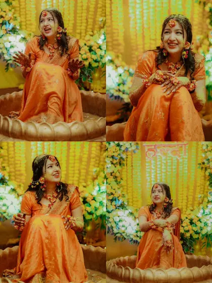 A collage of four joyful moments of the bride during her Haldi ceremony, capturing her laughter and playful spirit.