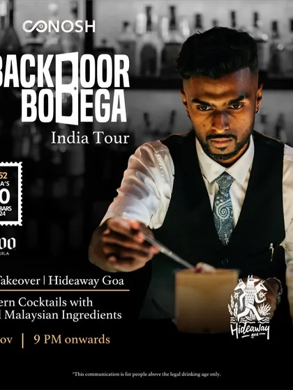 The party heads to Goa. This poster details the Backdoor Bodega bar takeover at Hideaway, Goa, bringing the flavours of one of Asia's 50 Best Bars to the vibrant nightlife scene of the coast.