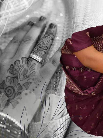 A creative edit combining a color portrait with a black and white close-up of the bride's hand, showing off her ring and henna details.