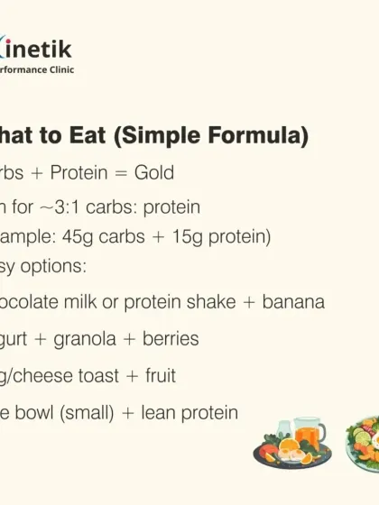 The formula is simple: carbs plus protein. I recommend a 3:1 ratio of carbs to protein to replenish energy and repair muscle. Easy options include chocolate milk with a banana or yogurt with granola.