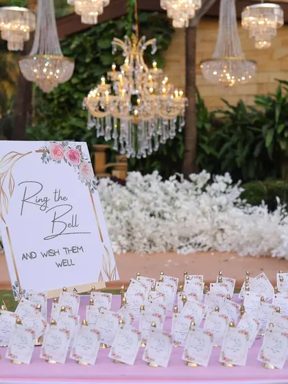 A 'Ring the Bell and Wish them Well' station for guests. This interactive element is a fun way for guests to leave their blessings for the couple and adds a personal touch to the celebration.