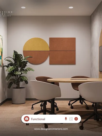 This render shows a functional huddle room, perfect for quick team check-ins. The space is equipped with a screen for presentations and features modern art and a potted plant to create a pleasant atmosphere.