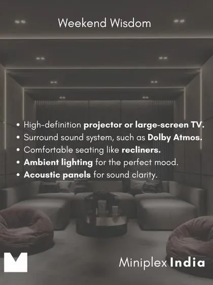 This graphic lists the essential components of a great home theater: a high-definition projector, a surround sound system like Dolby Atmos, comfortable seating, ambient lighting, and acoustic panels. We cover all these bases.