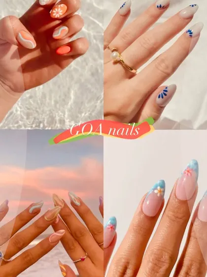 Some "Goa nails" inspo for your next beach vacation. Think bright colors, waves, and floral designs.