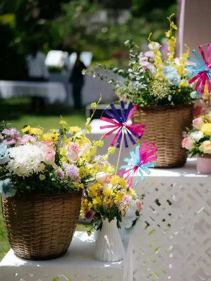 More details of the vibrant floral arrangements and pinwheels at the Mehendi Mela.