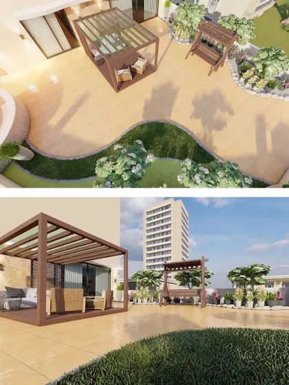 These 3D renders showcase our design for a spacious residential terrace. The plan includes a large open patio with a swing, a covered seating area under a pergola, and soft, curving lawn edges to create a relaxed, flowing space.