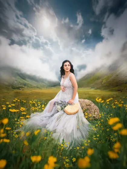 This is the essence of a fairytale maternity shoot. I create these magical, dreamlike scenes outdoors, using styling and editing to bring a vision to life in a field of flowers under a dramatic sky.