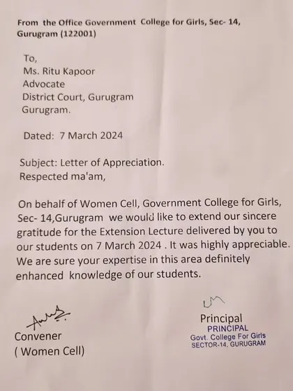 A heartfelt letter of appreciation from the Principal of Government College for Girls, Gurugram, for an extension lecture I delivered to their students.