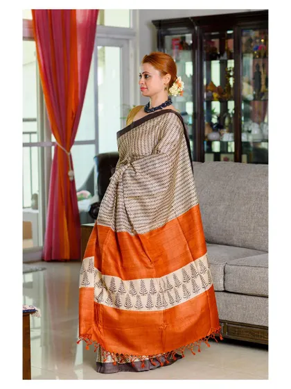 A full-length shot of a model in a beautiful striped and patterned saree. The indoor setting gives it a comfortable, lifestyle feel.