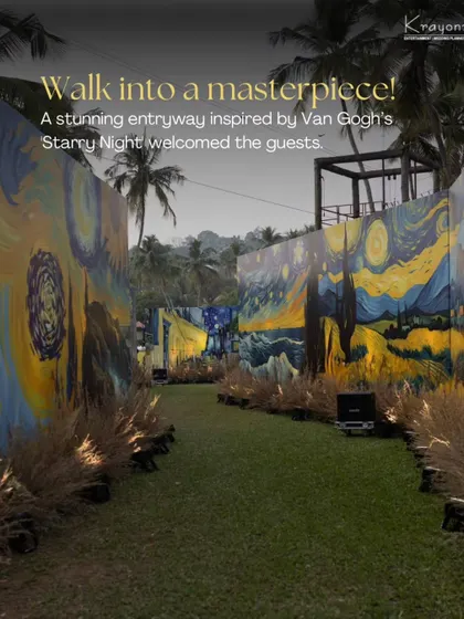 A stunning entryway inspired by Van Gogh's "Starry Night" welcomes guests to a unique Mehendi function. We love bringing artistic visions to life.