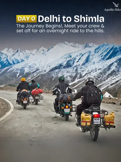 Day 0 of our Spiti expedition: The journey begins. Meet your crew in Delhi and set off for an overnight ride to Shimla, kicking off the adventure.