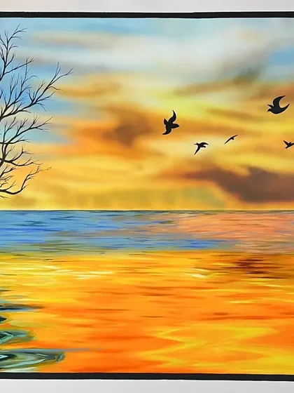 A beautiful sunset can be on your wall forever. This 8x5 feet living room mural captures the warm glow of a sunset over the water, complete with realistic reflections and silhouettes of trees and birds, creating a peaceful and scenic view.