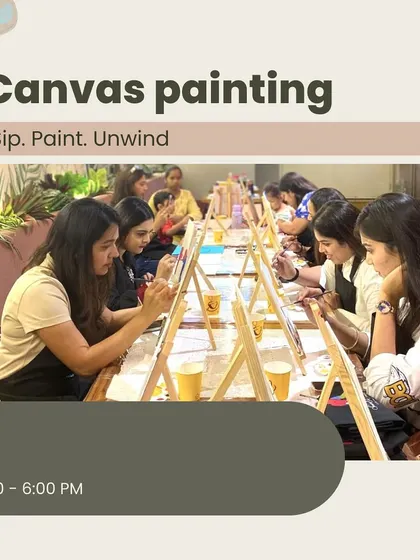 An advertisement for our daily canvas painting workshops, showing a group of participants focused on their easels in a lively cafe setting. It's the perfect daily dose of art therapy.