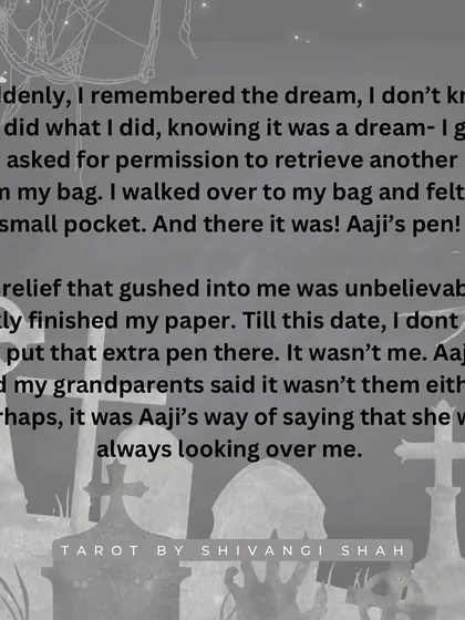 A heartwarming story of a grandmother visiting in a dream to leave an extra pen for an exam, which miraculously appears in real life.