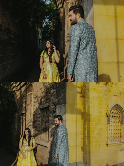A diptych capturing candid, in-between moments of the couple in a rustic alleyway.