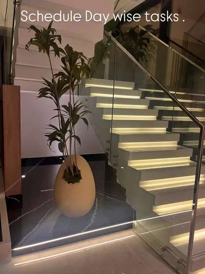 The final touches on a Dubai project, showcasing a modern staircase with integrated lighting. The sculptural planter adds an organic element to the clean, architectural lines.