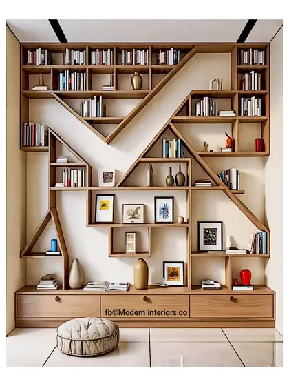 An amazing M-shaped bookshelf design! This is such a fun and personal way to store books, with a mix of shelf sizes for displaying books, photos, and vases.
