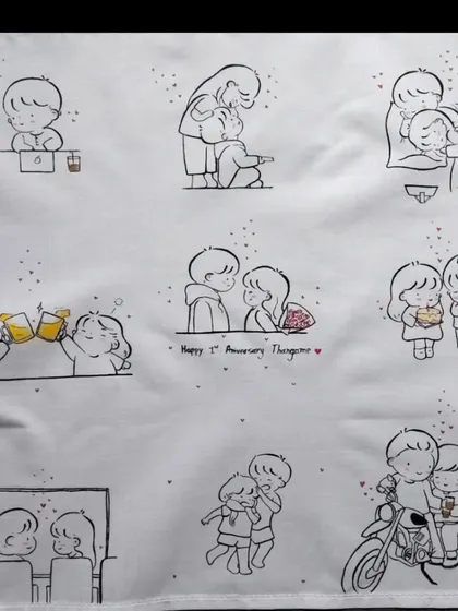 A first-anniversary gift idea. This handkerchief is filled with hand-painted memories from a couple's first year together, including celebrating a birthday and watching movies.