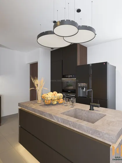 Another render of the Purva Smiling Willows kitchen, showing the island with an integrated sink and modern circular pendant lights.